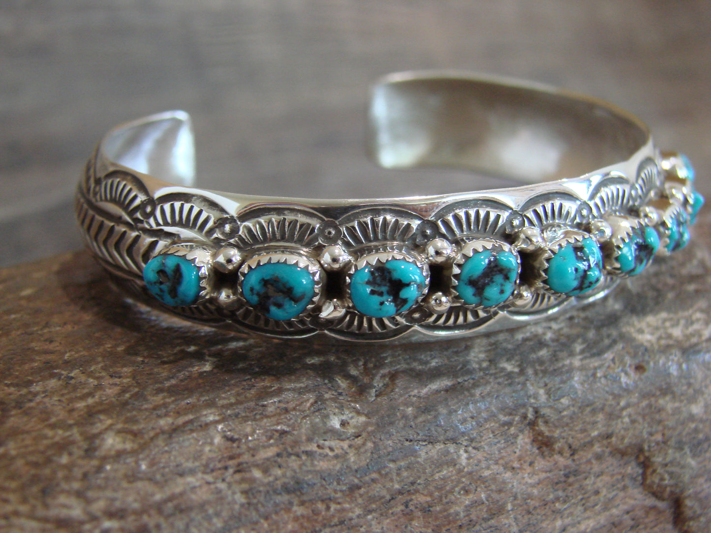 Native American Sterling Silver & Turquoise Row Bracelet Signed GS