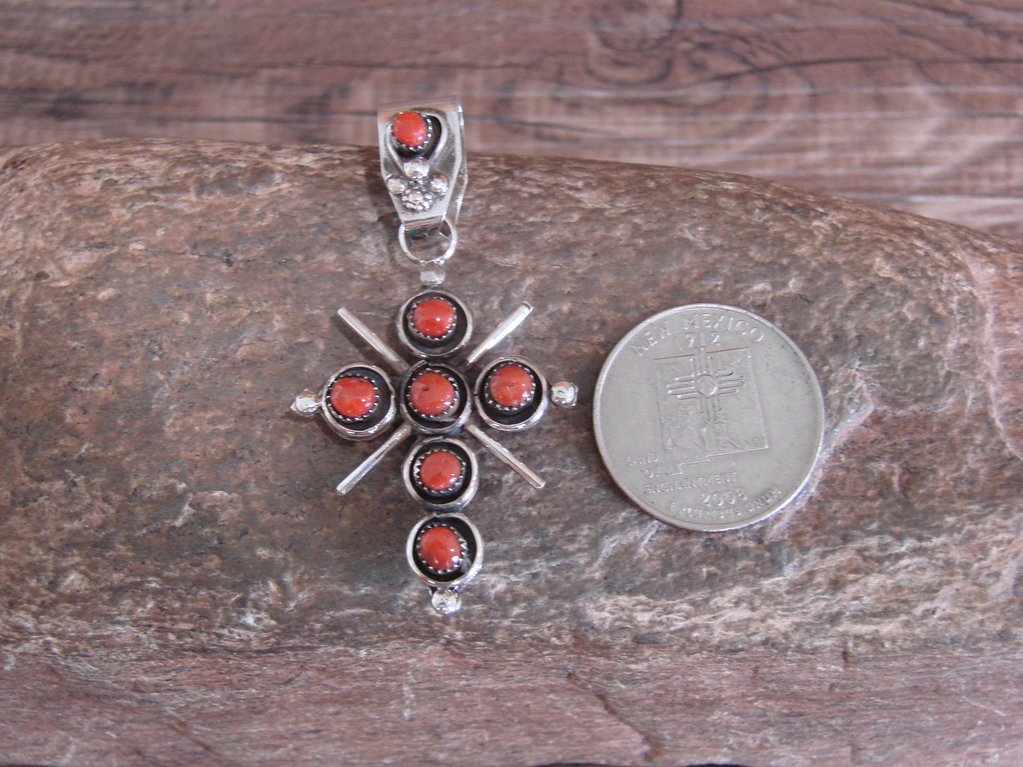 Native American Sterling Silver Reversible Turquoise & Coral Cross Pendant - Booqua