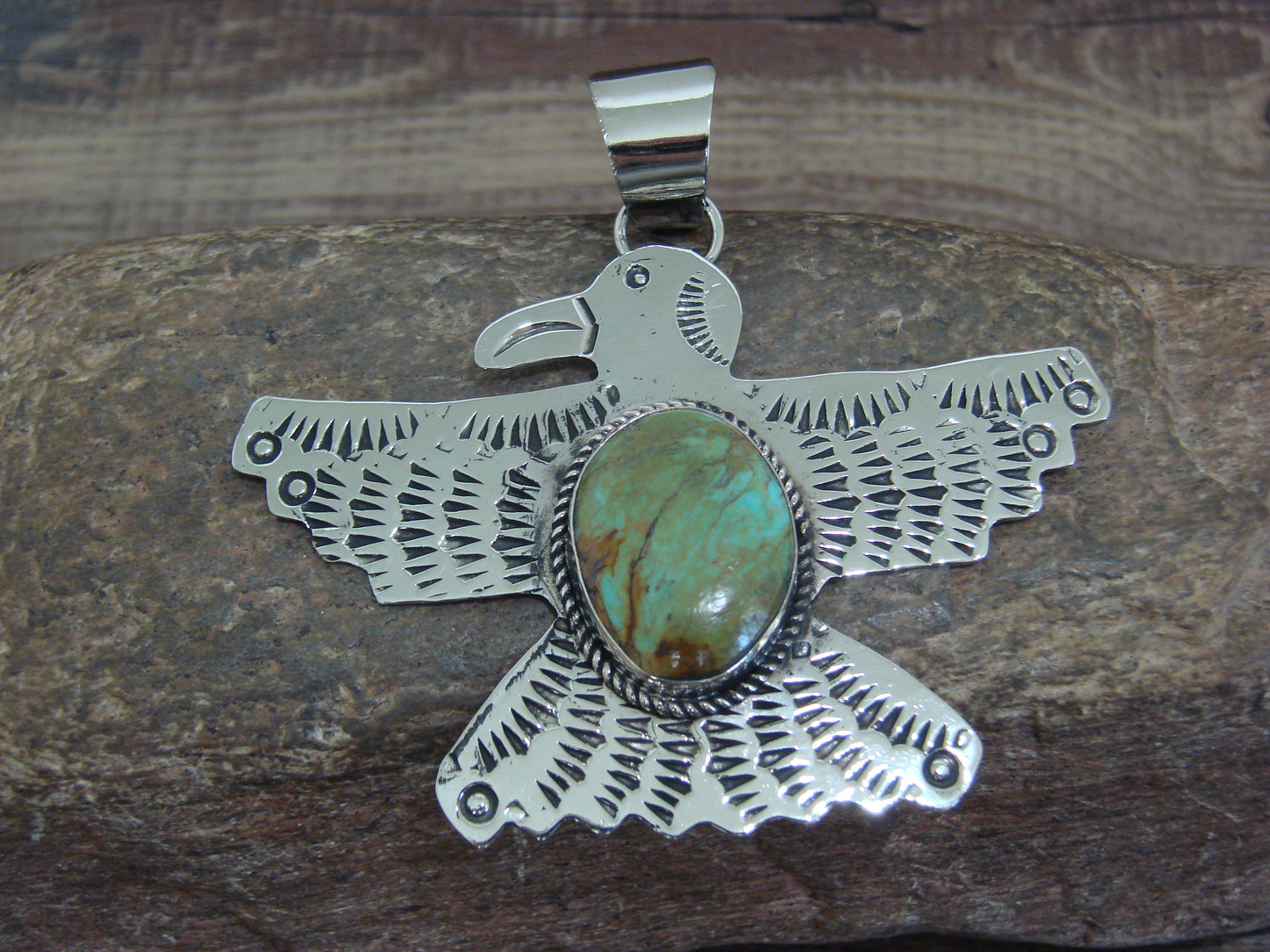 Native American Nickel Silver & Turquoise Eagle Pendant - Cleveland