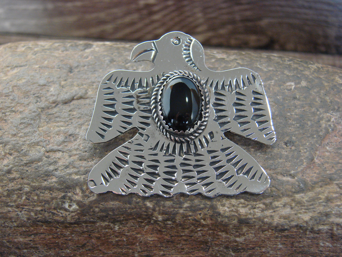 Native American Nickel Silver & Onyx Eagle Pendant - Cleveland