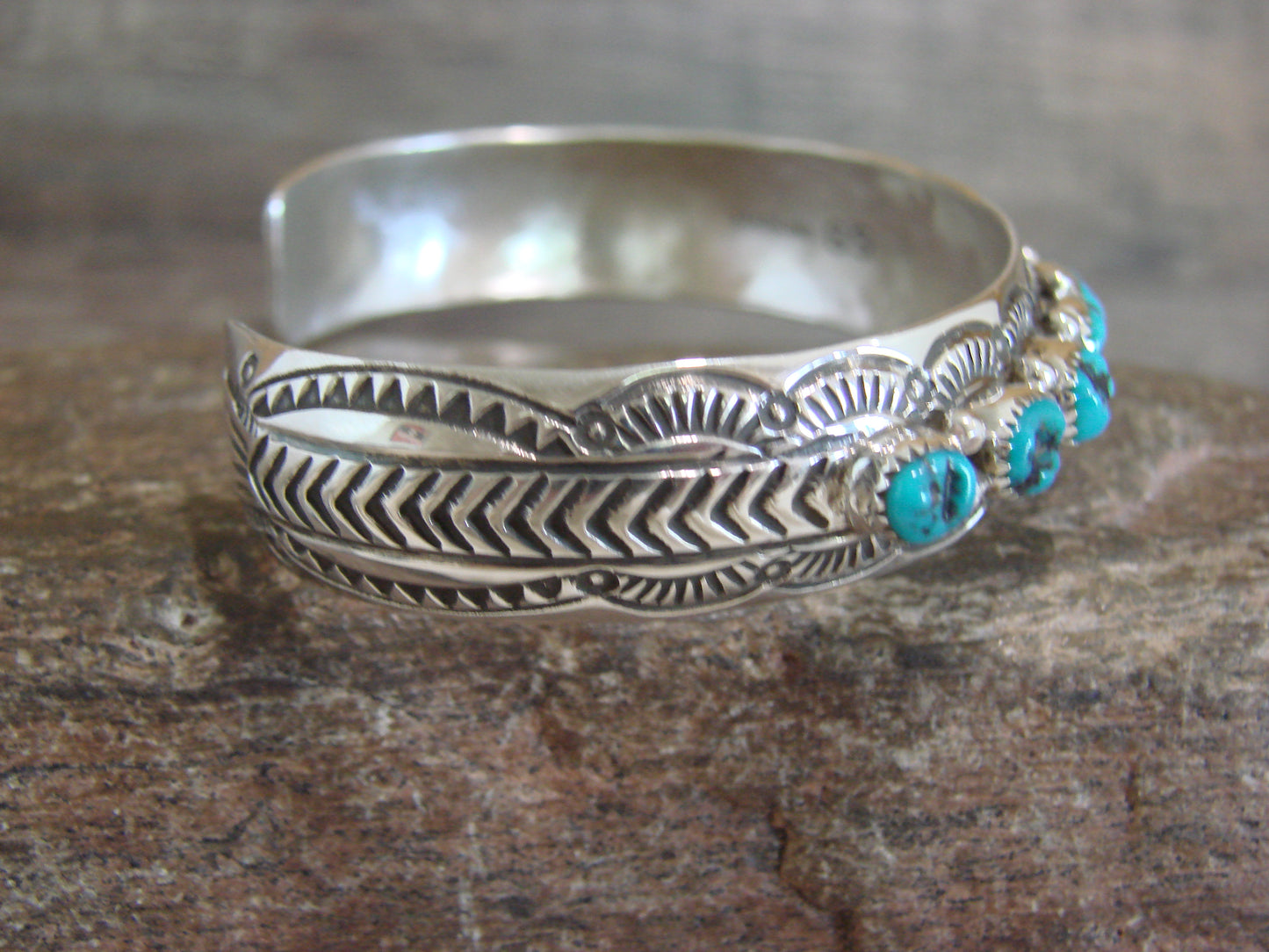 Native American Sterling Silver & Turquoise Row Bracelet Signed GS