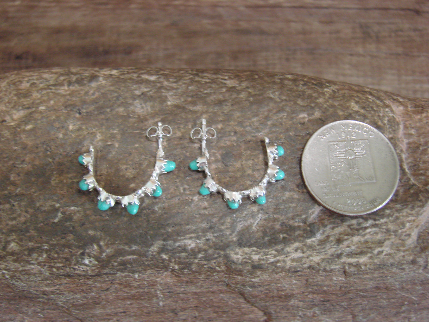 Native American Sterling Silver & Turquoise Half Hoop Earrings by Waseta