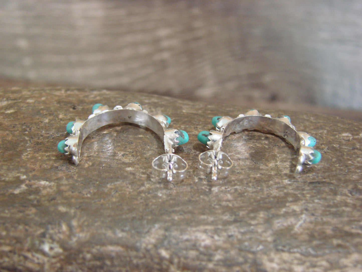Native American Sterling Silver & Turquoise Half Hoop Earrings by Waseta
