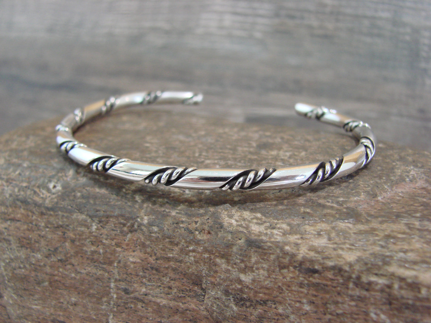 Native American Navajo Indian 1/8" Twisted Sterling Silver Bracelet by Tahe