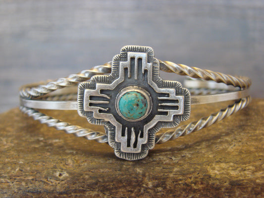 Native American Sterling Silver & Turquoise Zia Bracelet by Gordon