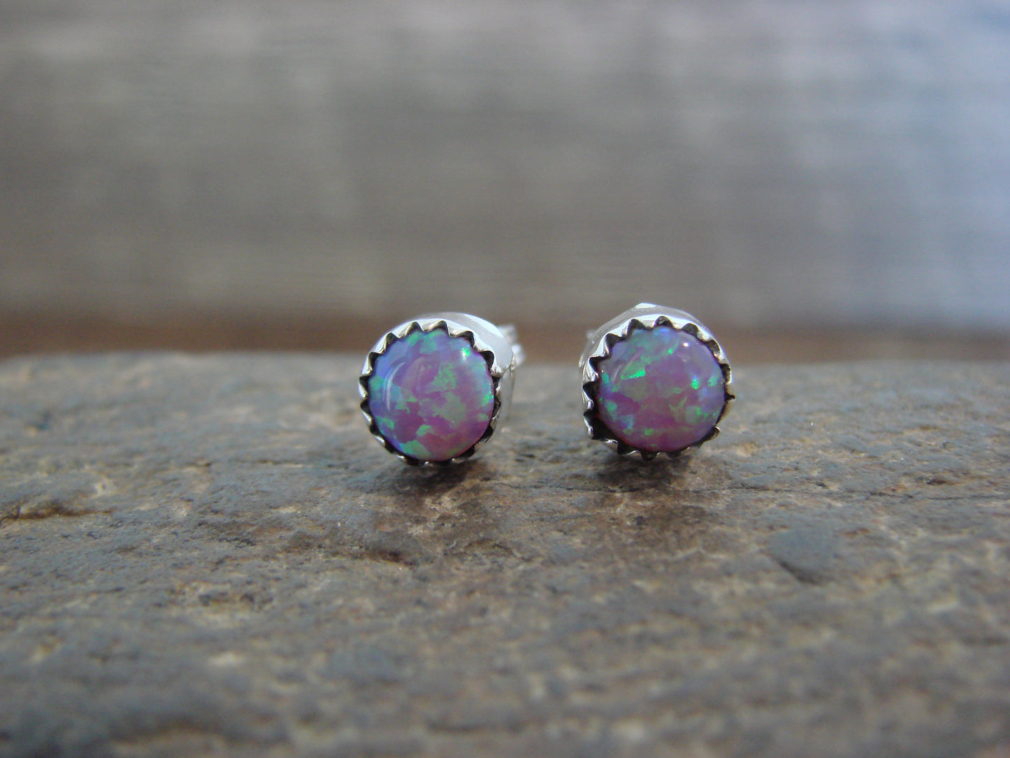 Native American Sterling Silver 1/4" Round Pink Opal Post Earrings by Martinez