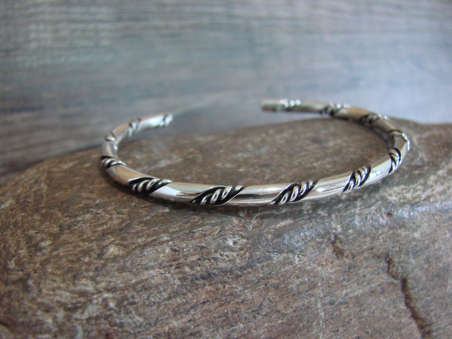 Native American Navajo Indian 1/8" Twisted Sterling Silver Bracelet by Tahe