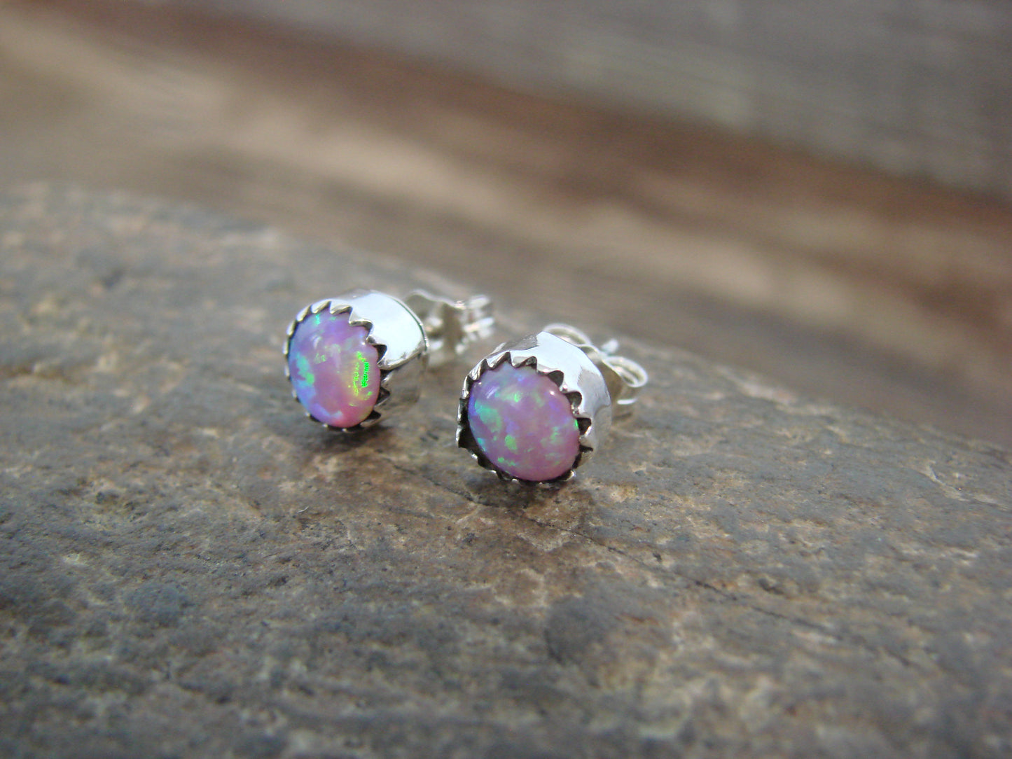Native American Sterling Silver 1/4" Round Pink Opal Post Earrings by Martinez