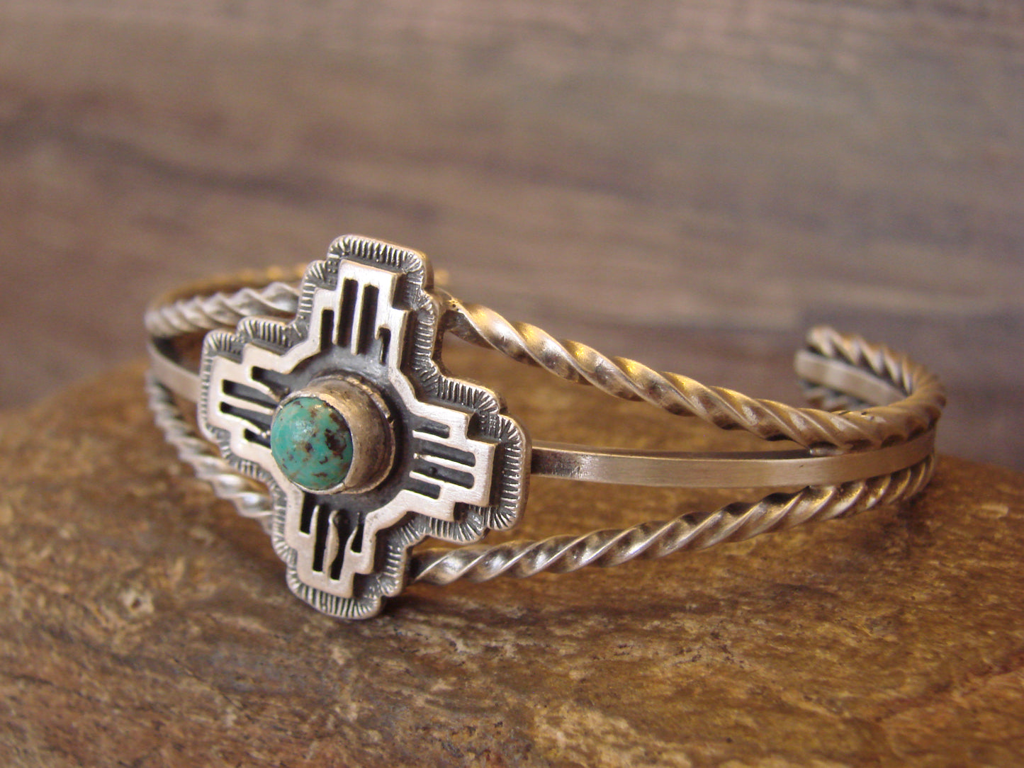 Native American Sterling Silver & Turquoise Zia Bracelet by Gordon