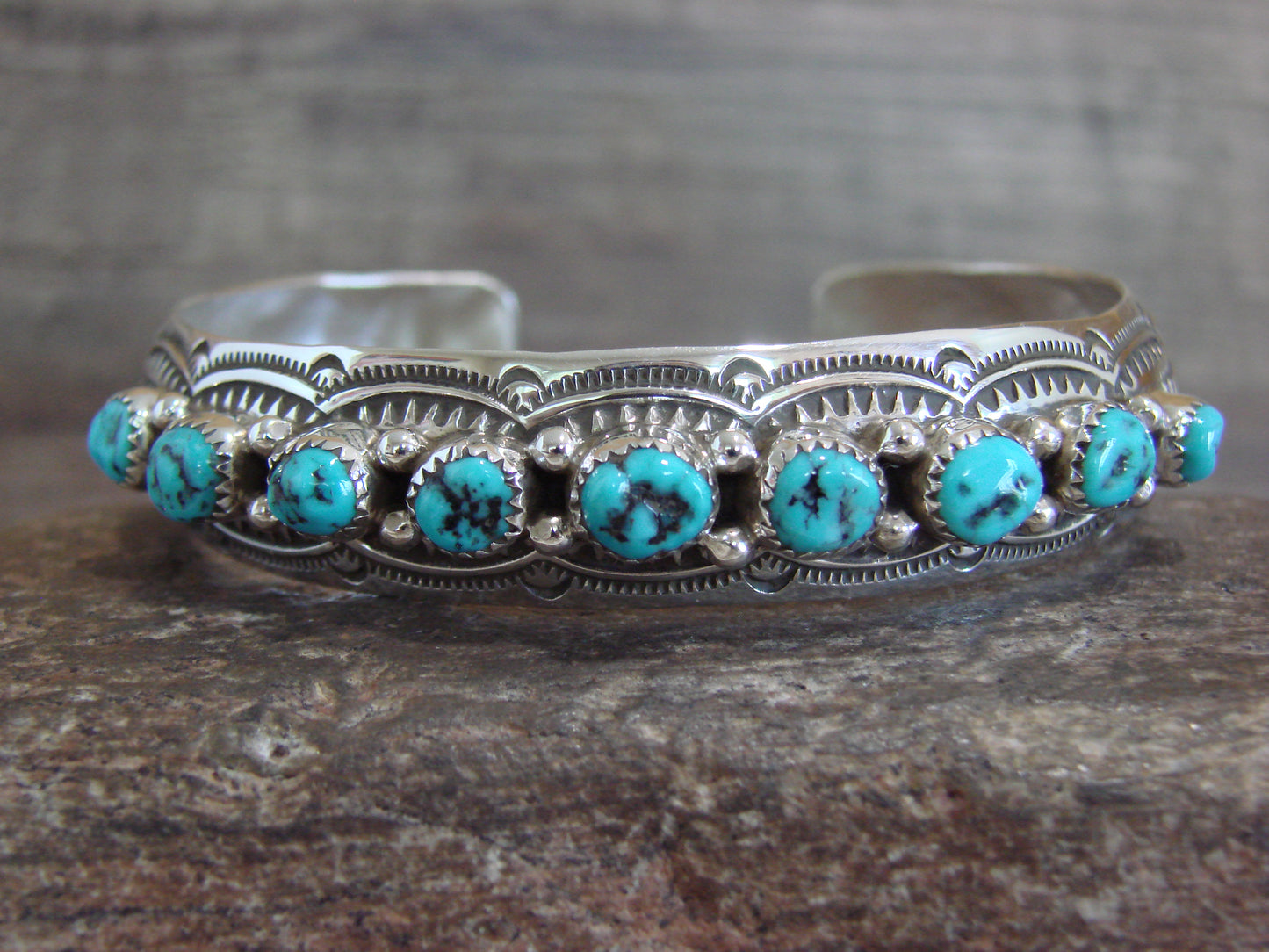 Native American Sterling Silver & Turquoise Row Bracelet Signed GS