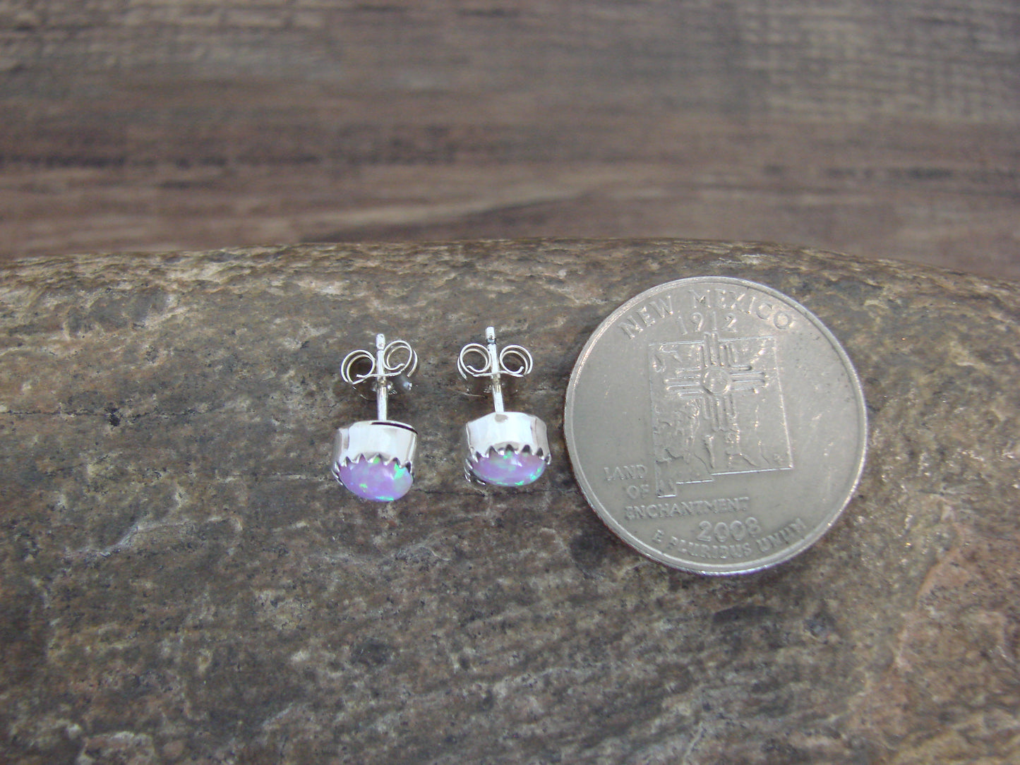 Native American Sterling Silver 1/4" Round Pink Opal Post Earrings by Martinez