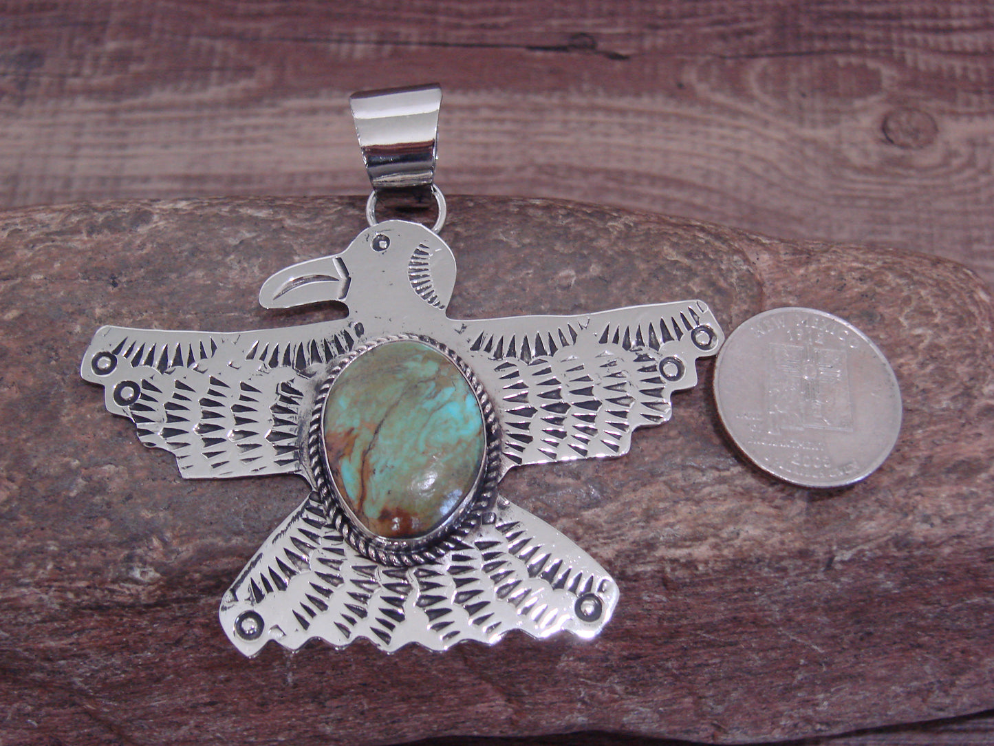 Native American Nickel Silver & Turquoise Eagle Pendant - Cleveland