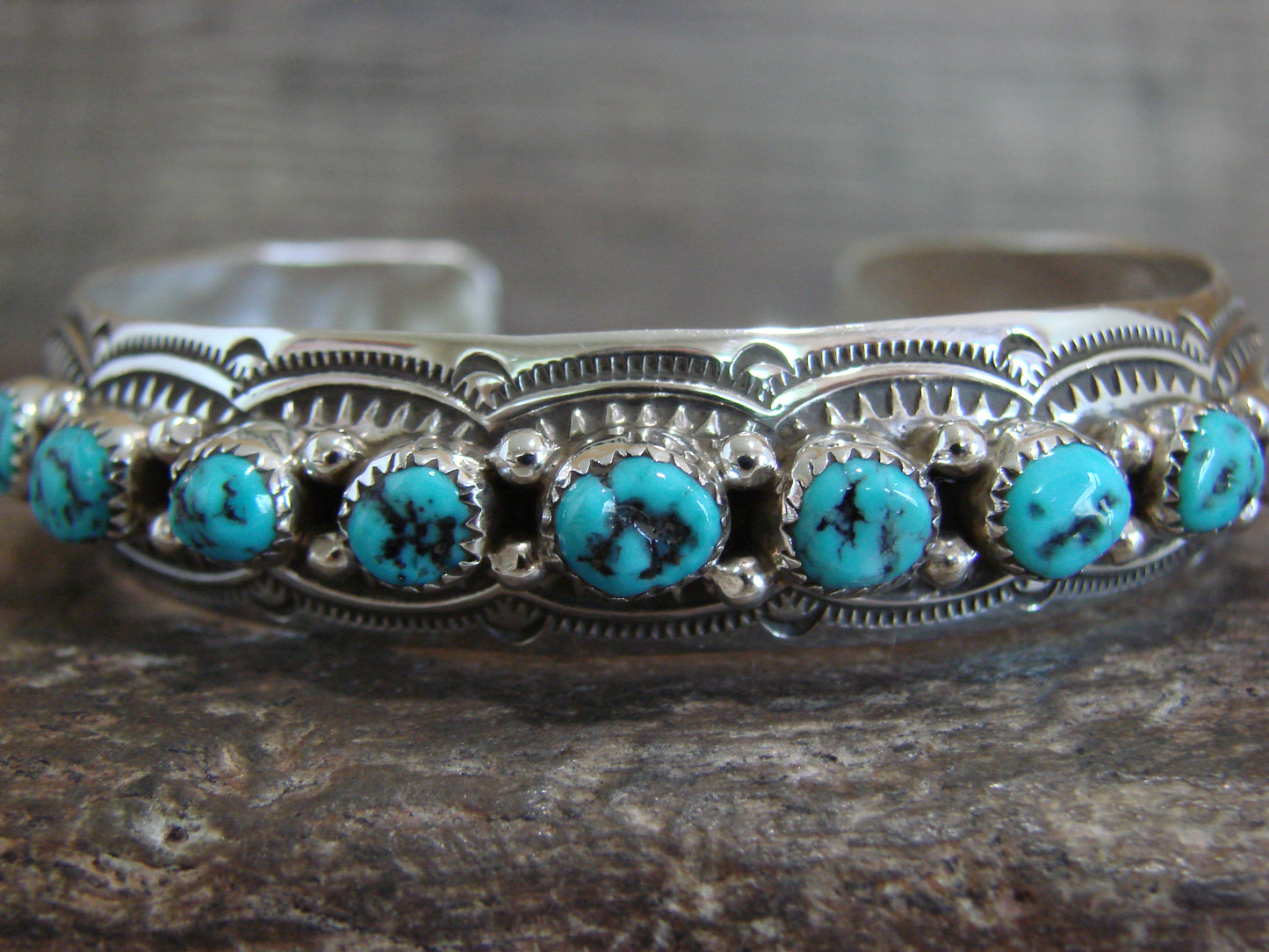 Native American Sterling Silver & Turquoise Row Bracelet Signed GS