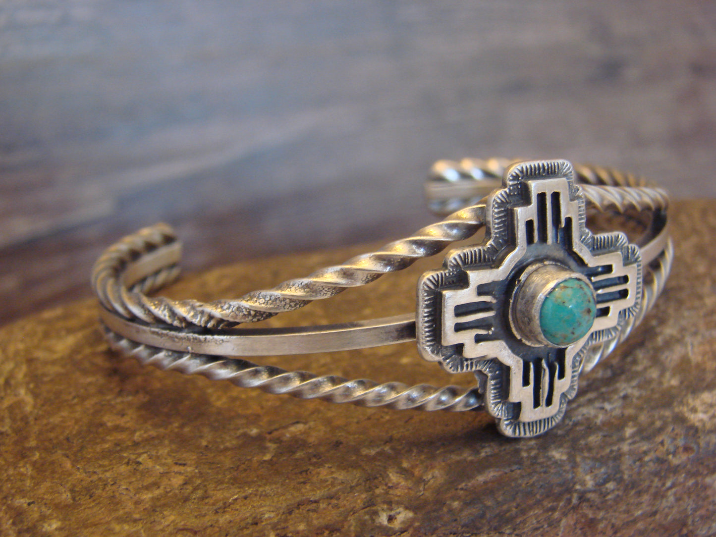 Native American Sterling Silver & Turquoise Zia Bracelet by Gordon