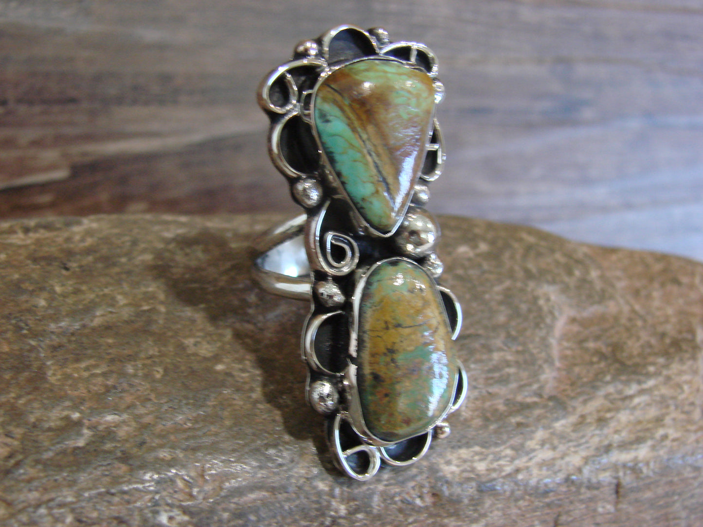 Native American Nickel Silver & Turquoise Ring by Cleveland - Size 9