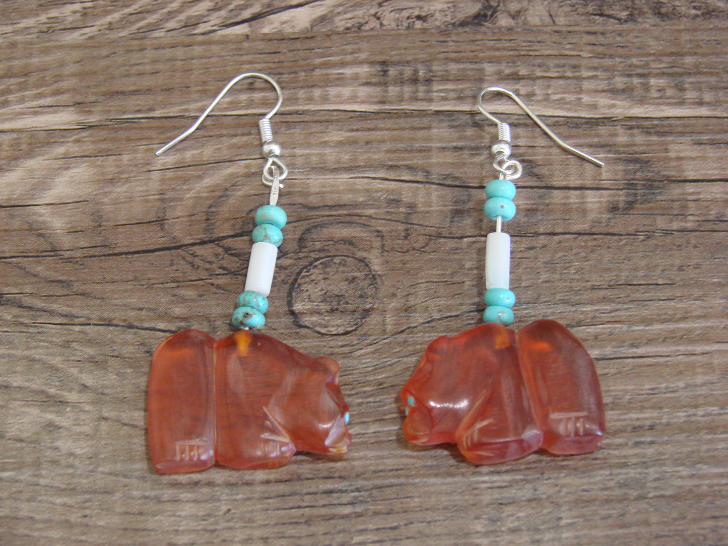 Native American Hand Carved Bear Fetish Dangle Earrings - Laate