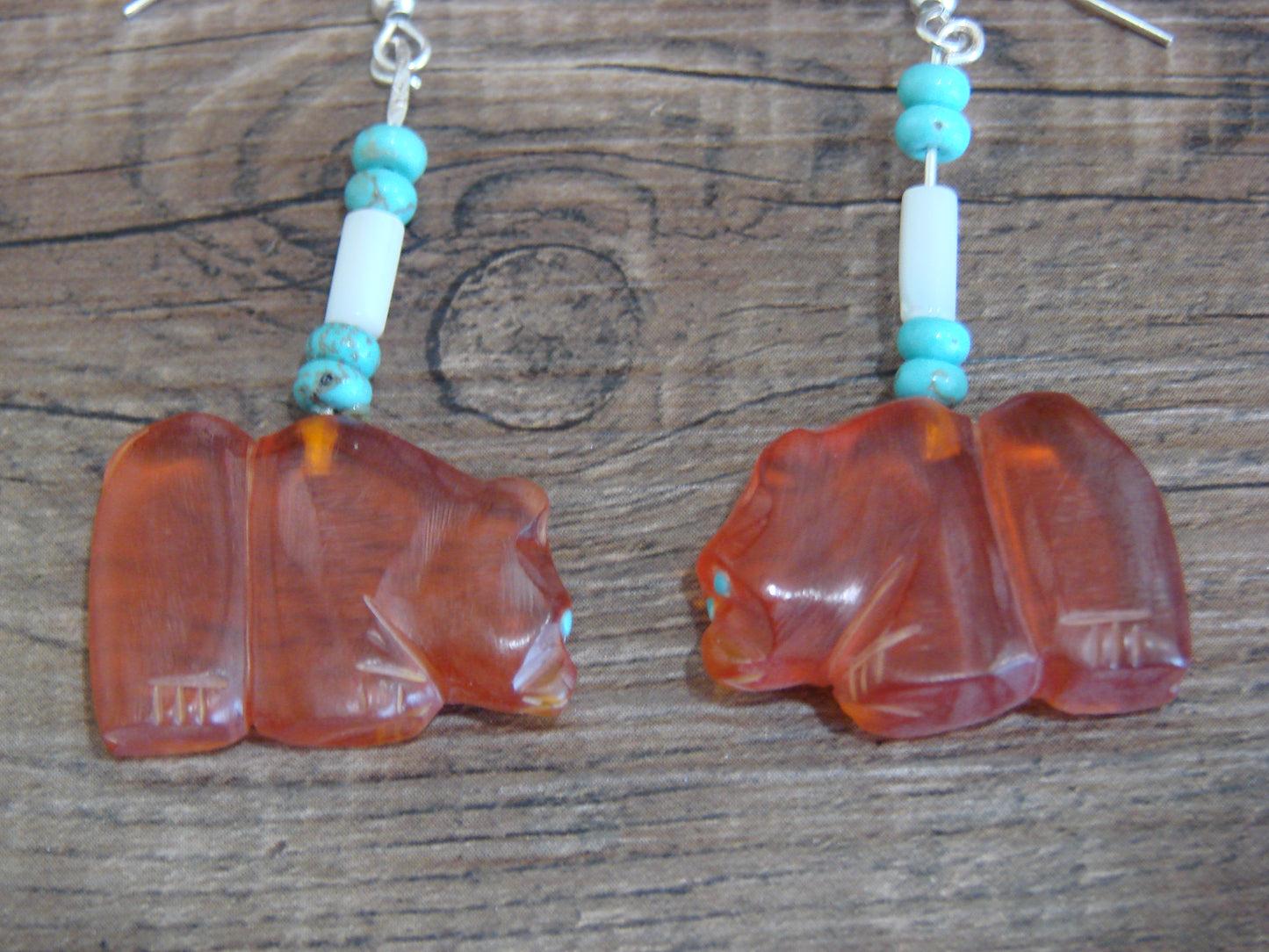 Native American Hand Carved Bear Fetish Dangle Earrings - Laate