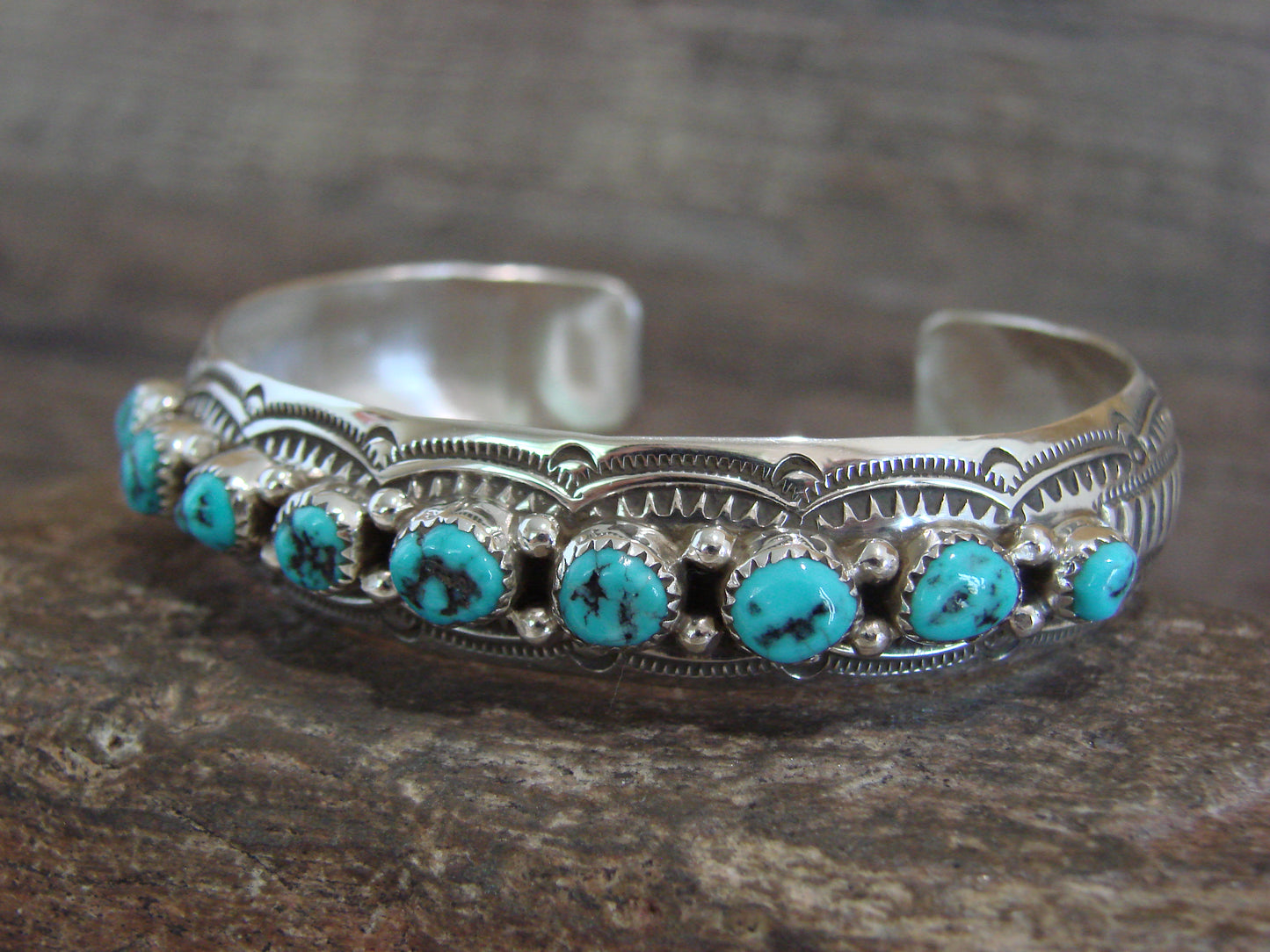 Native American Sterling Silver & Turquoise Row Bracelet Signed GS