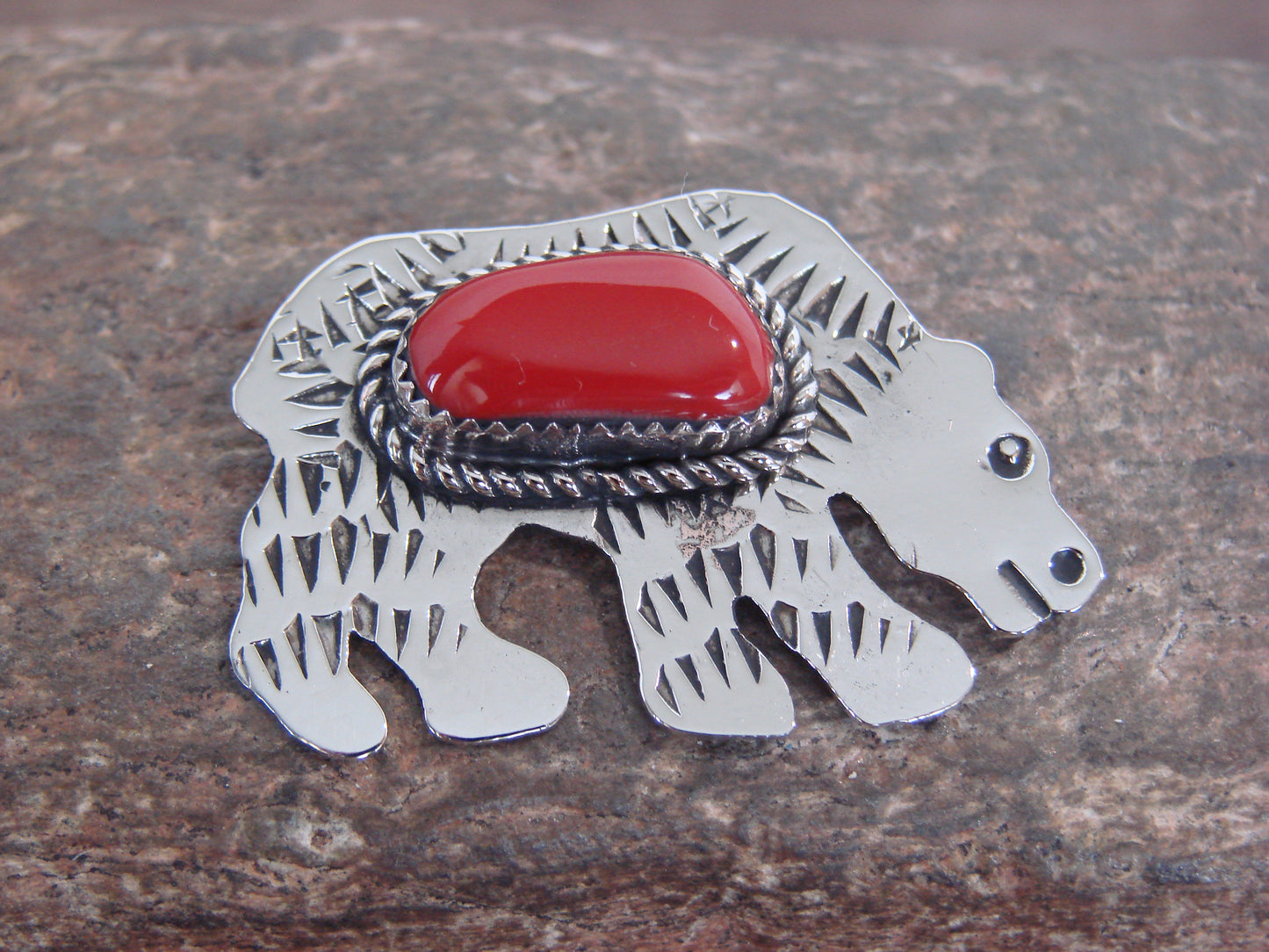 Native American Nickel Silver & Coral Bear Pin - Cleveland