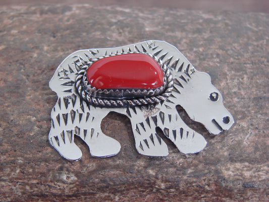 Native American Nickel Silver & Coral Bear Pin - Cleveland