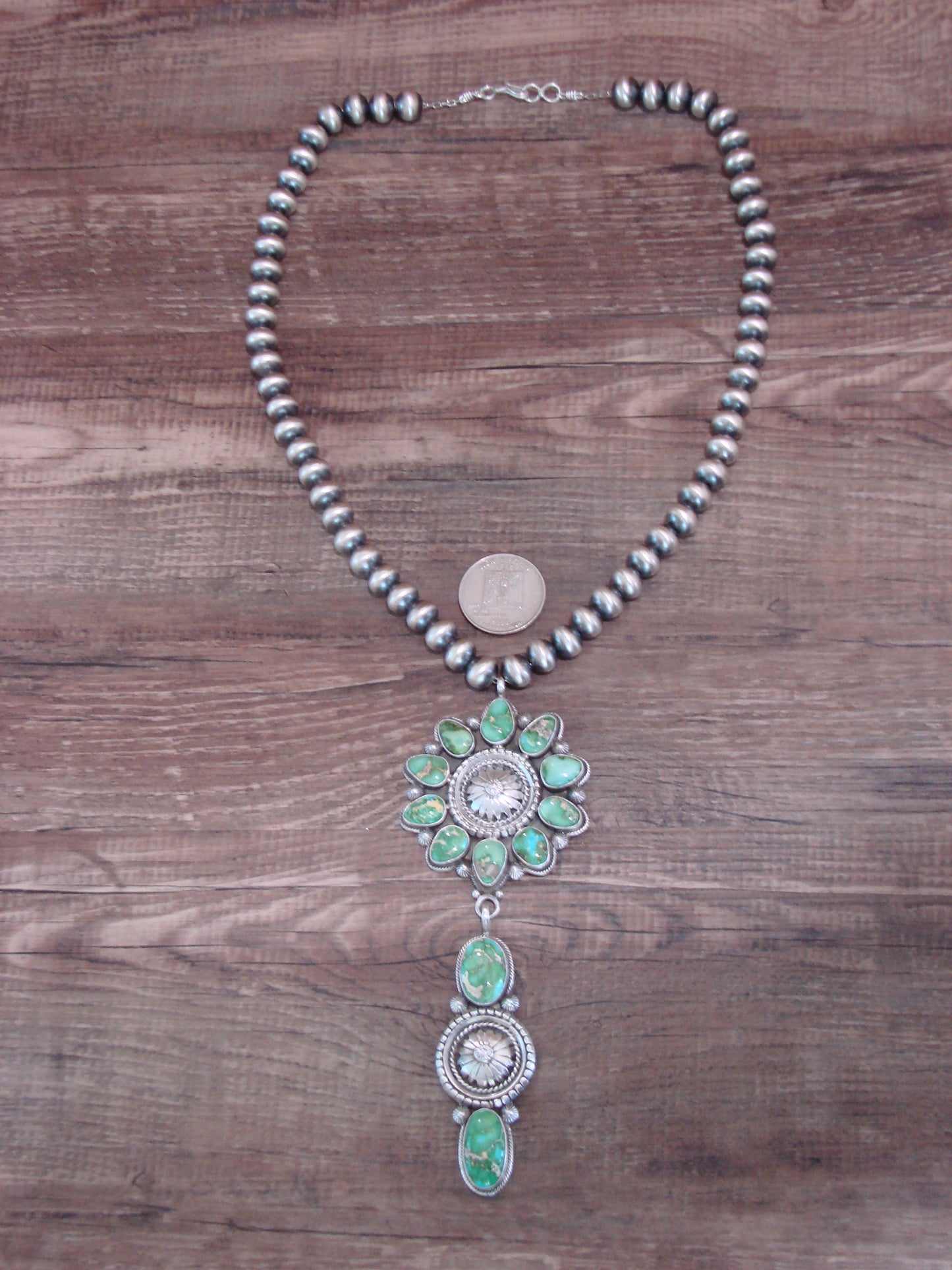Native American 21" Sterling Silver & Turquoise Navajo Pearl Necklace By Lewis