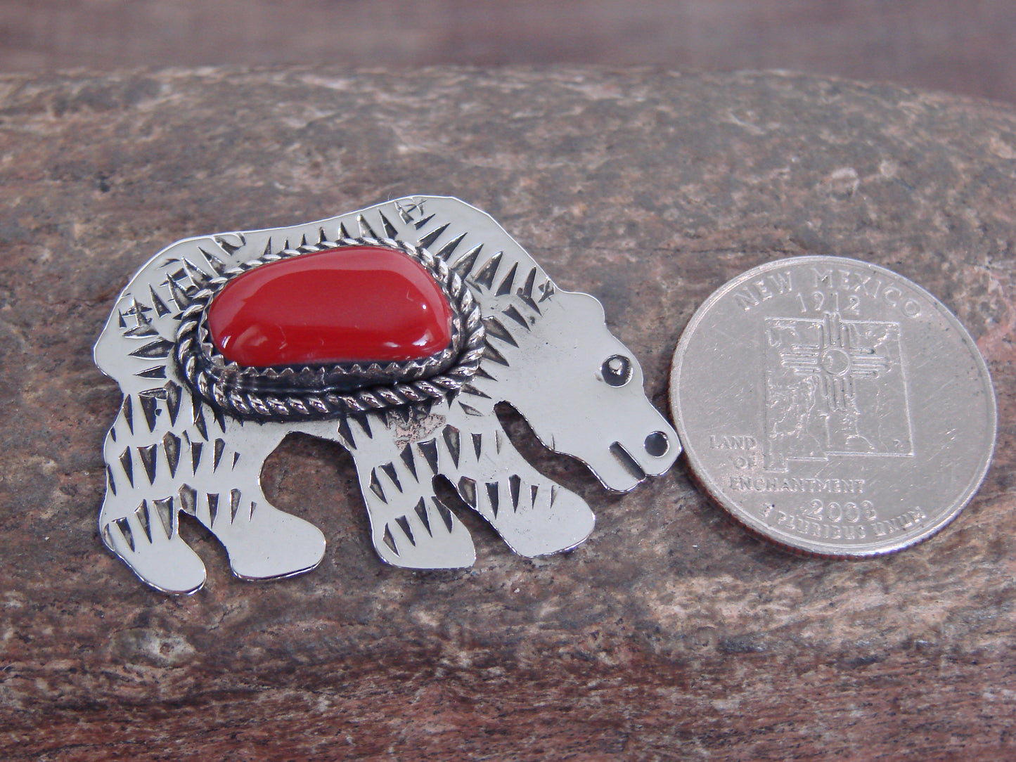 Native American Nickel Silver & Coral Bear Pin - Cleveland