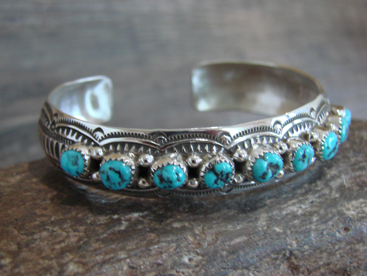 Native American Sterling Silver & Turquoise Row Bracelet Signed GS