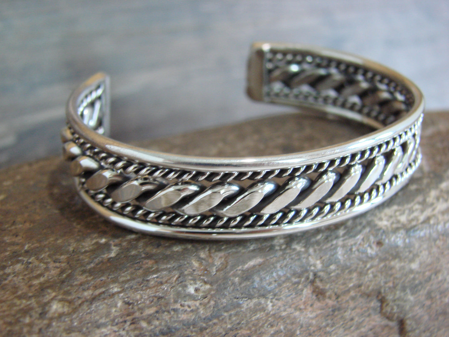 Native American Navajo Indian 1/2" Twisted Sterling Silver Bracelet by Tahe