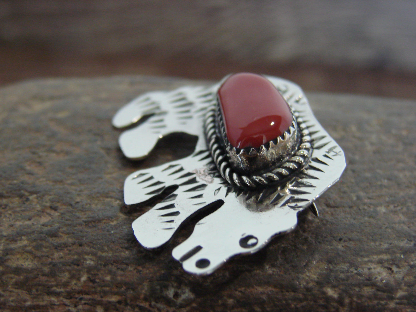 Native American Nickel Silver & Coral Bear Pin - Cleveland