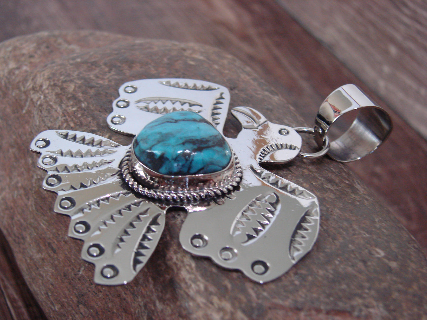 Native American Nickel Silver & Turquoise Thunderbird Pendant - Cleveland