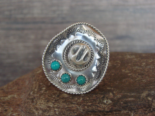 Native American Sterling Silver & Turquoise Cowgirl Hat Ring - Size 8.5 - Platero