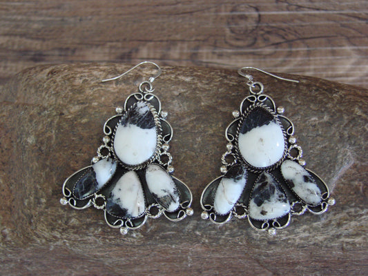 Native American Sterling Silver & White Buffalo Turquoise Dangle Earrings - Platero