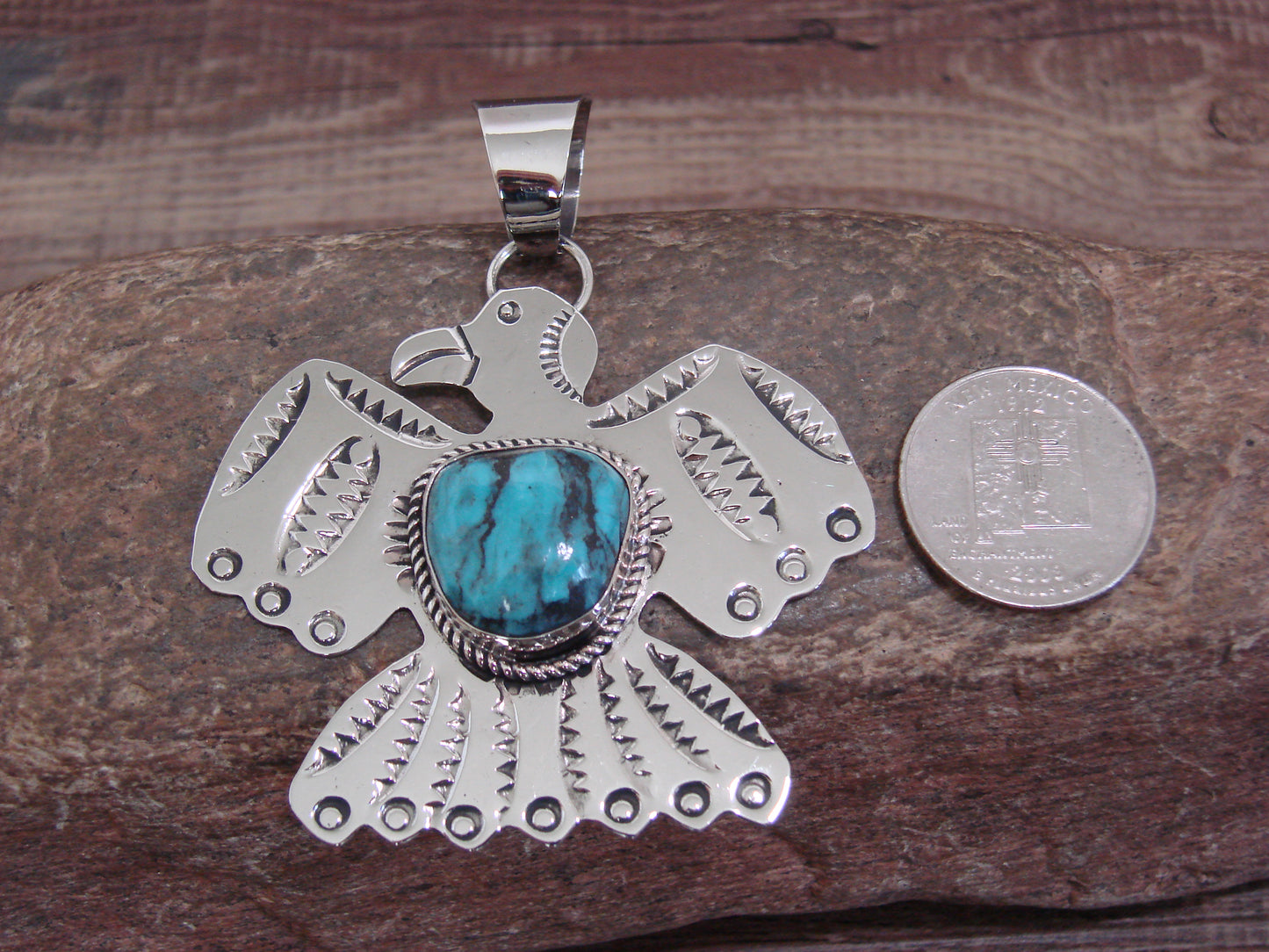 Native American Nickel Silver & Turquoise Thunderbird Pendant - Cleveland