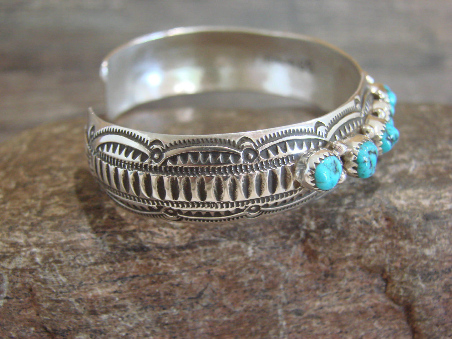 Native American Sterling Silver & Turquoise Row Bracelet Signed GS