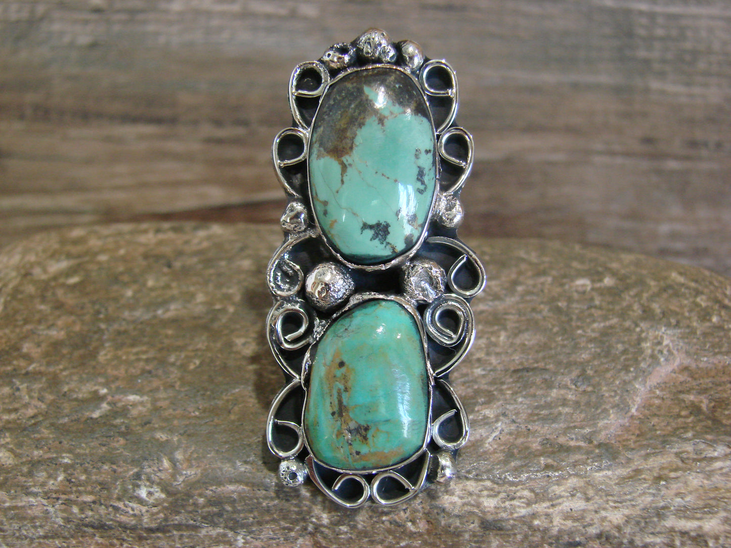 Native American Nickel Silver & Turquoise Ring by Cleveland - Size 10.5