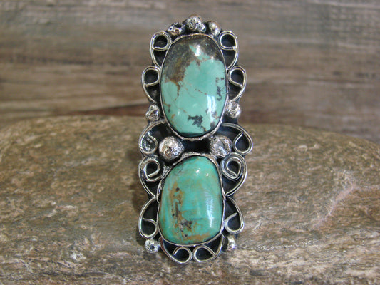 Native American Nickel Silver & Turquoise Ring by Cleveland - Size 10.5