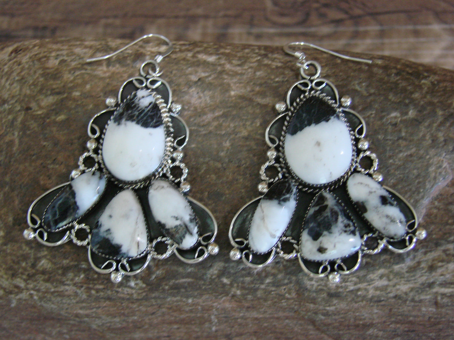 Native American Sterling Silver & White Buffalo Turquoise Dangle Earrings - Platero