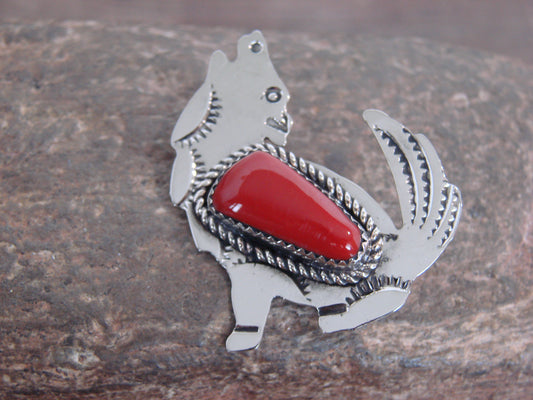 Native American Nickel Silver & Coral Coyote Pin - Cleveland