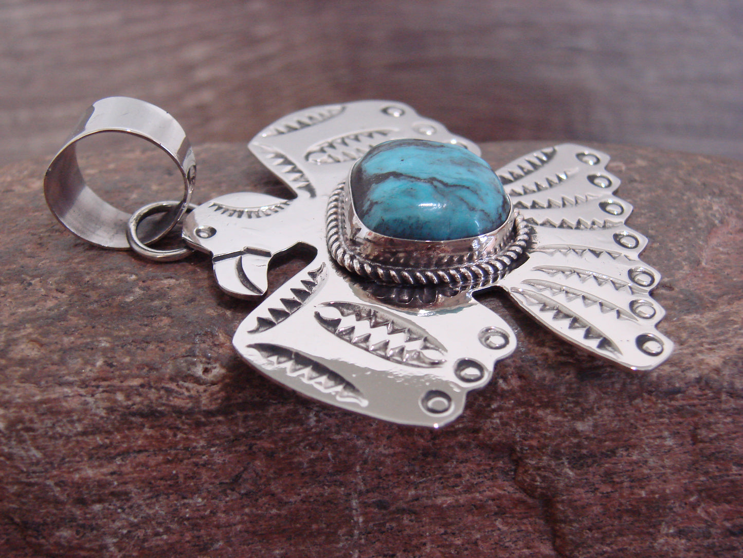 Native American Nickel Silver & Turquoise Thunderbird Pendant - Cleveland