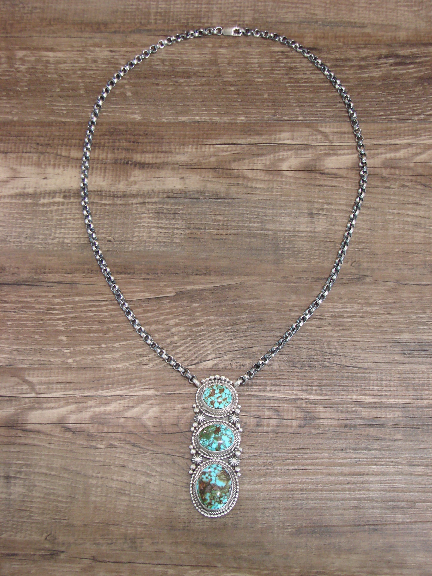 Native American 24" Sterling Silver & Kingman Turquoise Link Necklace - Lewis