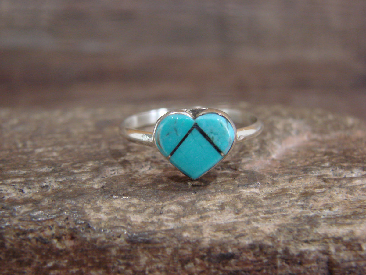Native American Sterling Silver & Turquoise Inlay Heart Ring Size 6 - Chavez