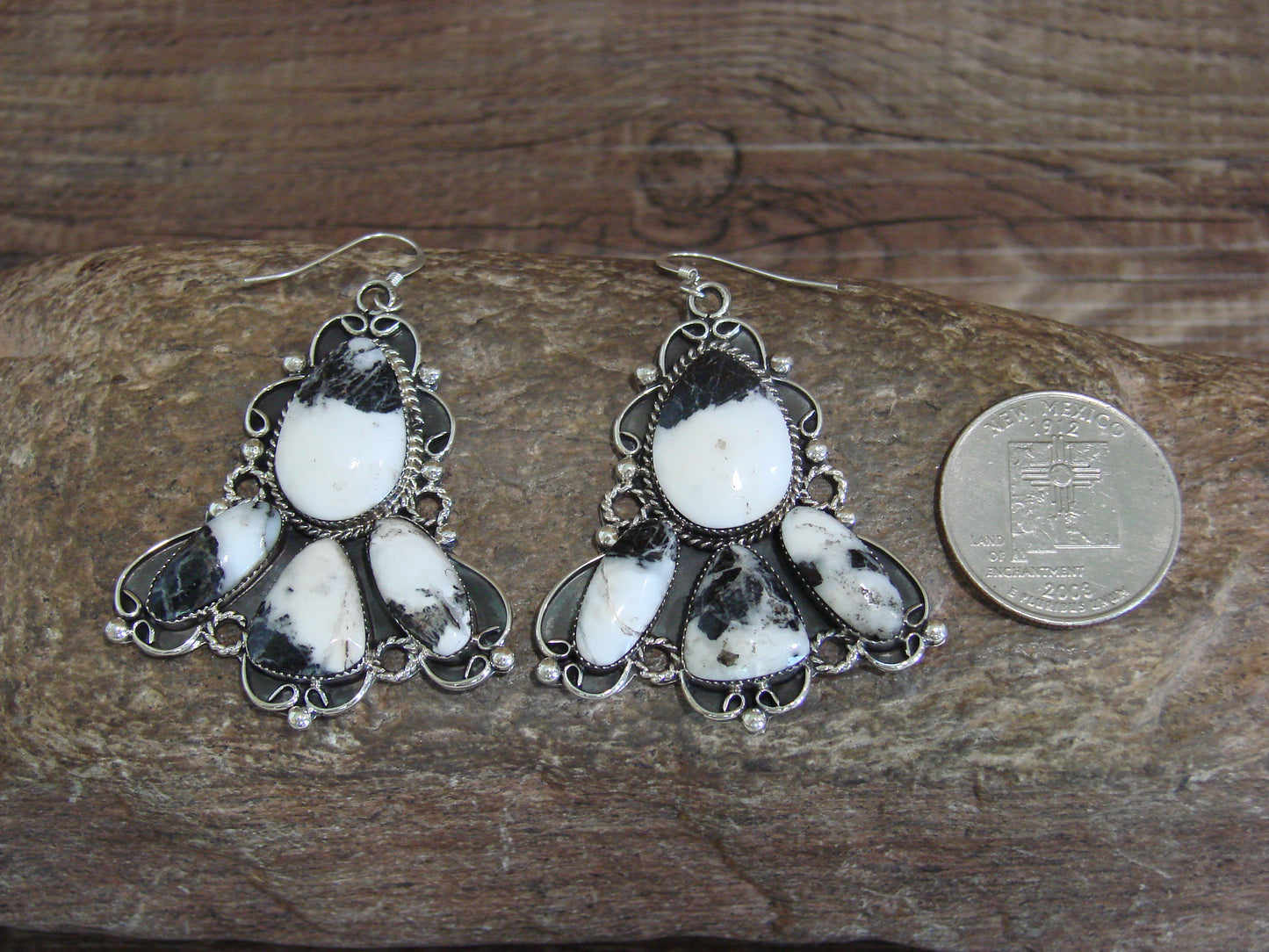 Native American Sterling Silver & White Buffalo Turquoise Dangle Earrings - Platero