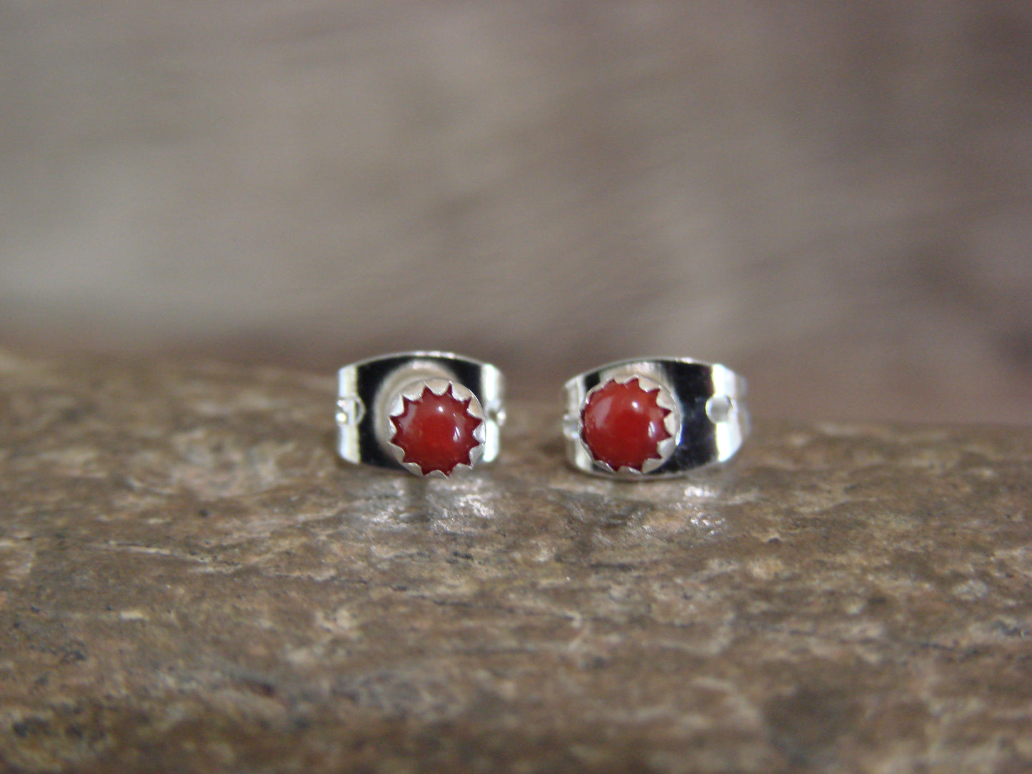 Native American Sterling Silver & Coral Micro Dot Stud Post Earrings by Chee