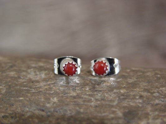 Native American Sterling Silver & Coral Micro Dot Stud Post Earrings by Chee