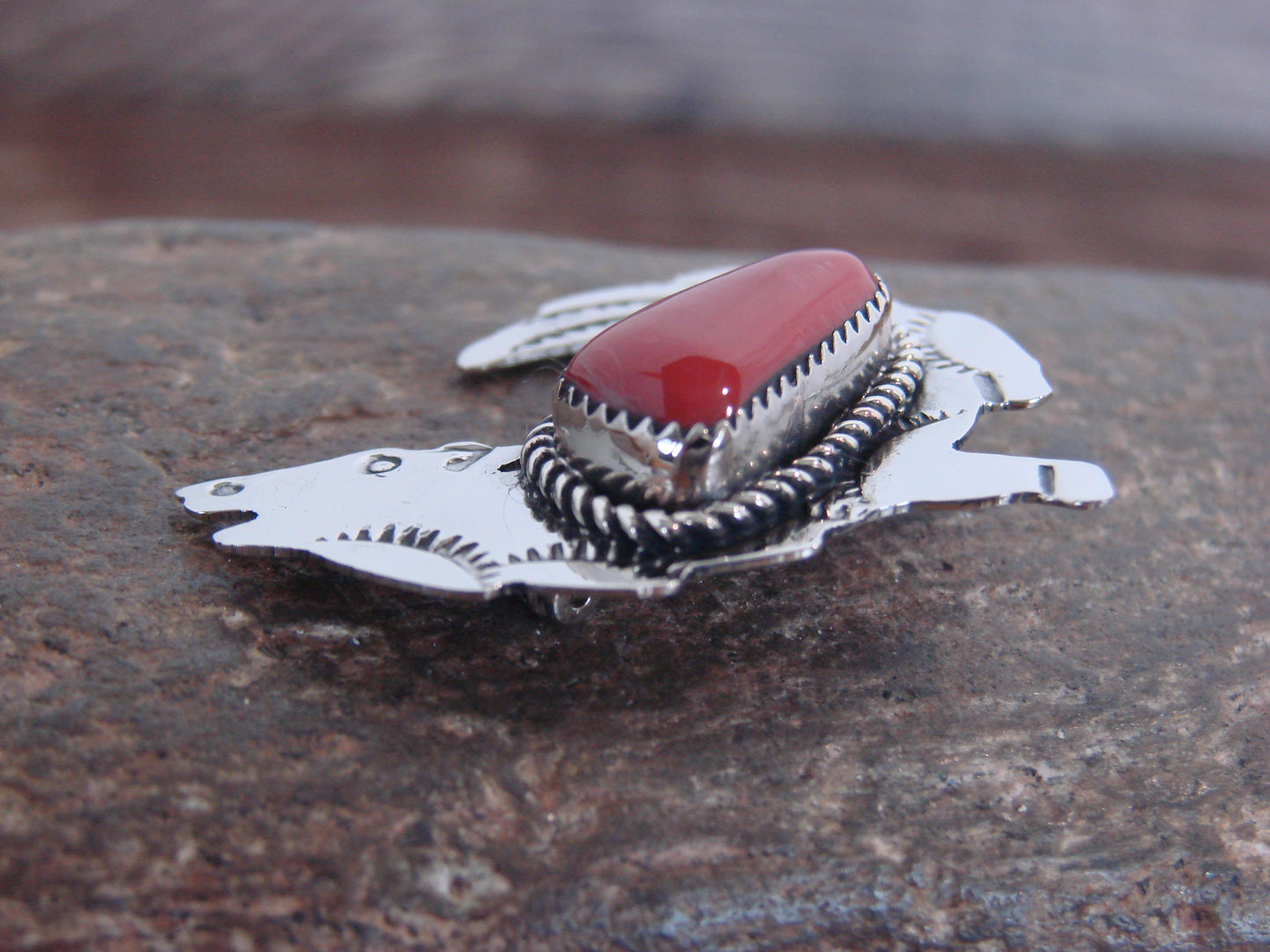 Native American Nickel Silver & Coral Coyote Pin - Cleveland