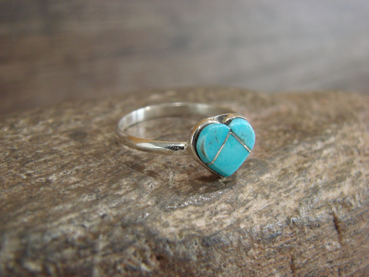 Native American Sterling Silver & Turquoise Inlay Heart Ring Size 6 - Chavez