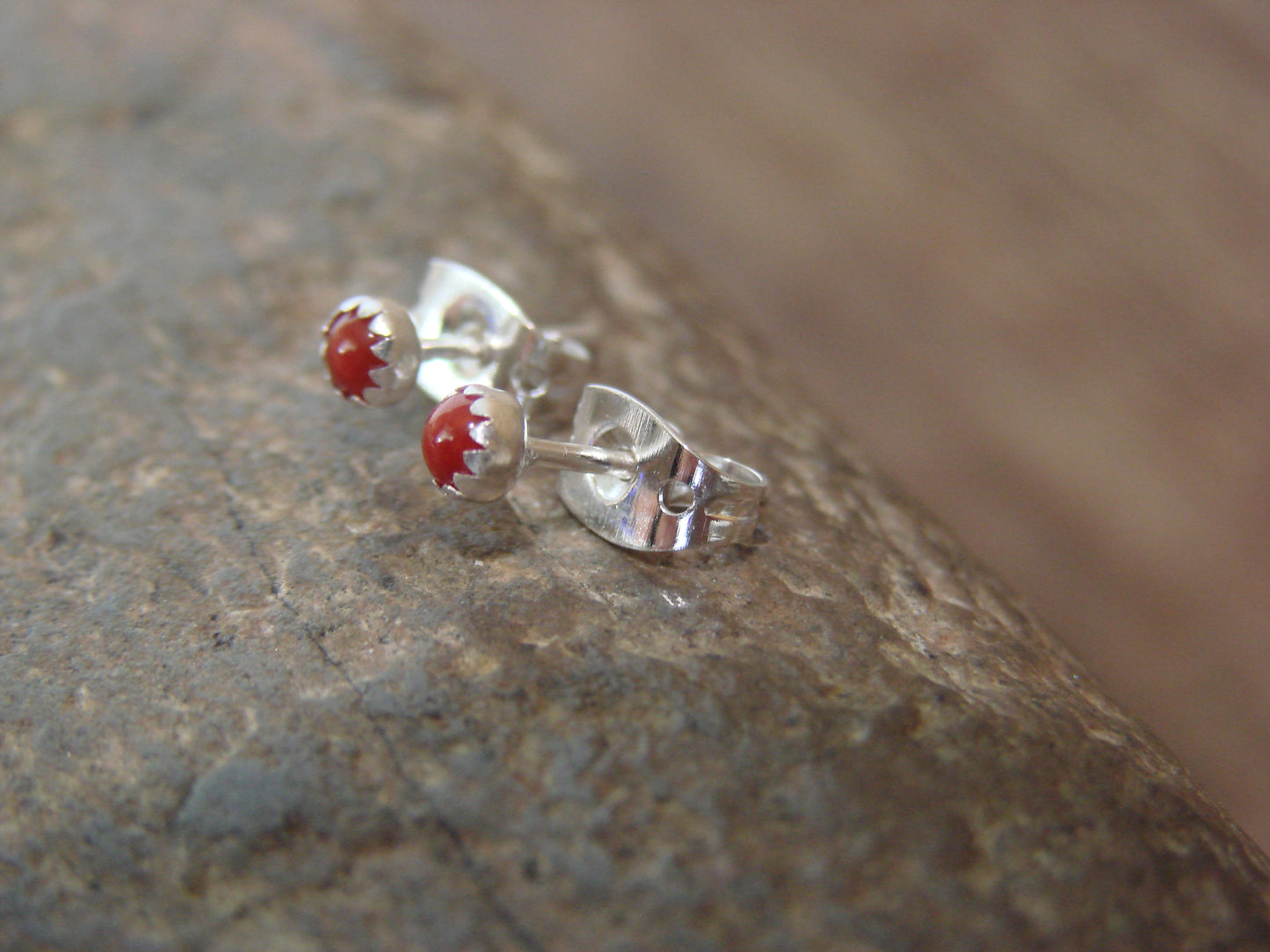 Native American Sterling Silver & Coral Micro Dot Stud Post Earrings by Chee