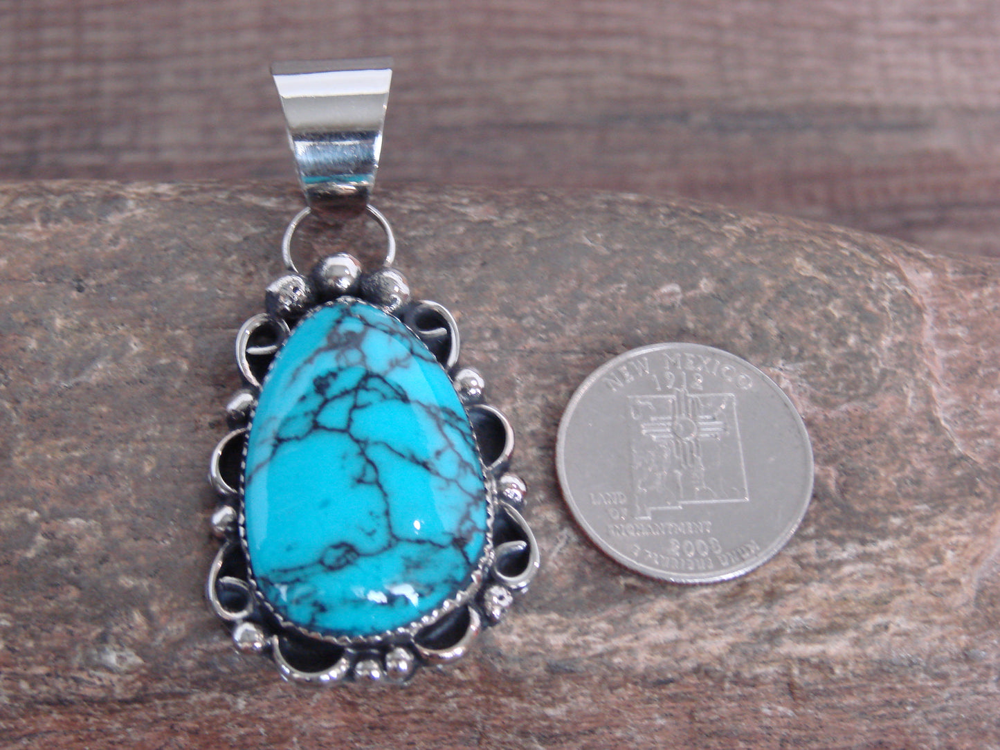 Native American Nickel Silver & Turquoise Pendant - Cleveland