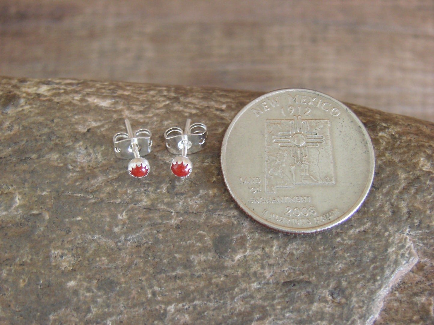 Native American Sterling Silver & Coral Micro Dot Stud Post Earrings by Chee