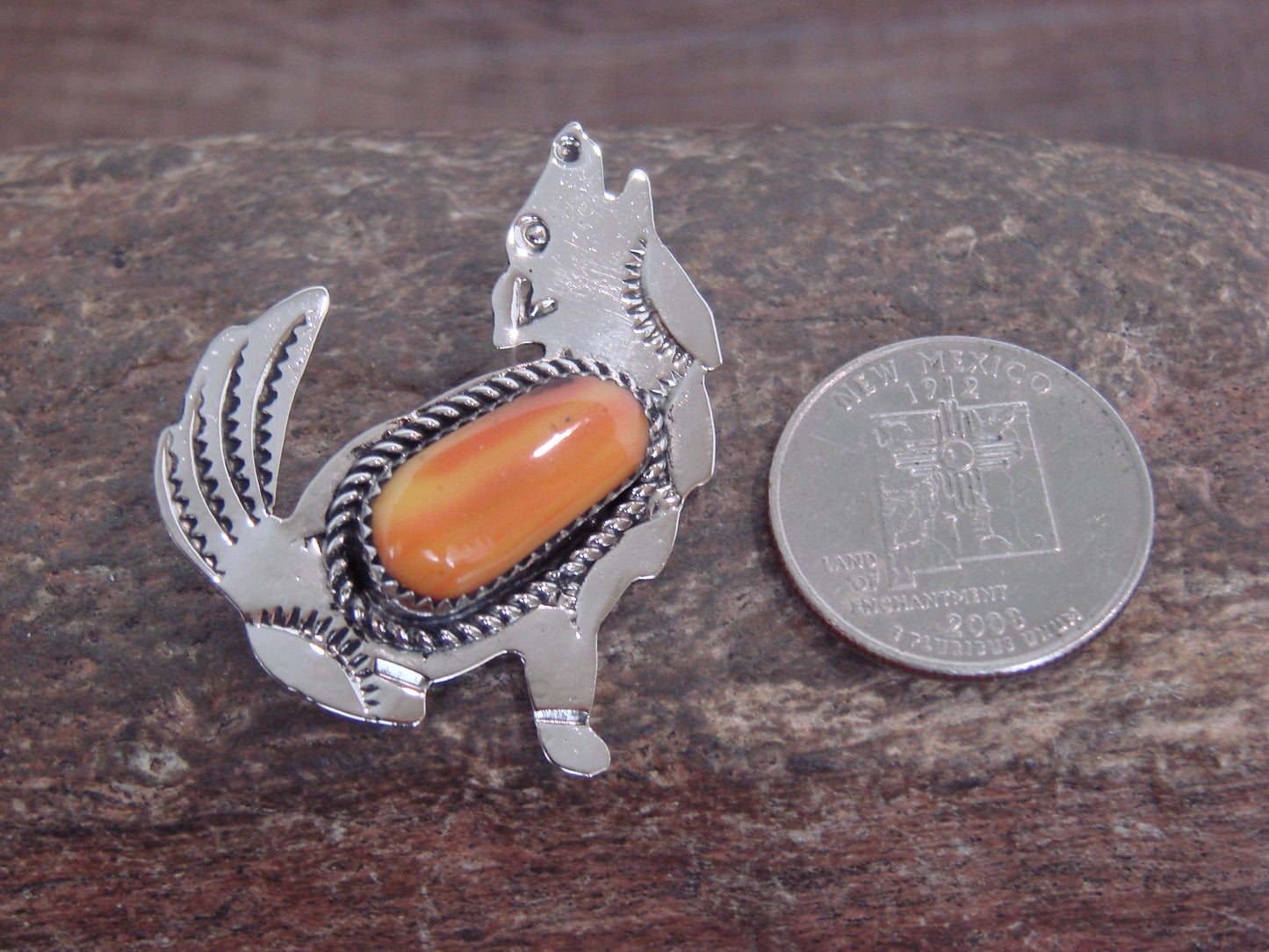 Native American Nickel Silver & Spiny Oyster Coyote Pin - Cleveland